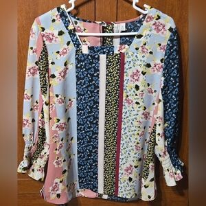 C Est. 1946 Pink and Blue Graphic Ruffled 3/4 Sleeve Blouse